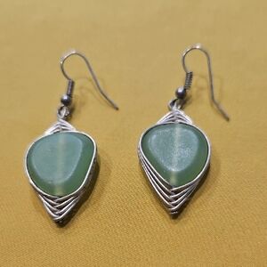 Artisanal Green Aventurine or Sea Glass Teardrops Earrings In Silver-Tone Wire
